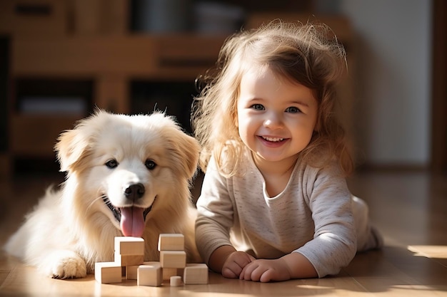 Un bébé souriant en jouant avec son chien amical