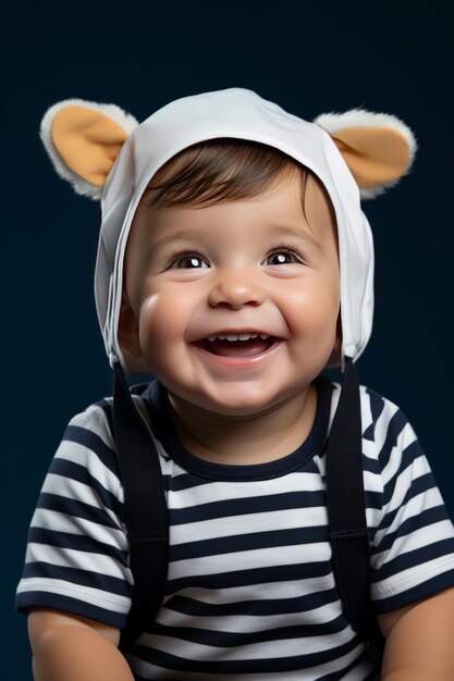 Photo bébé souriant portant une tenue de marin classique complète avec une casquette et une chemise à rayures ia générative