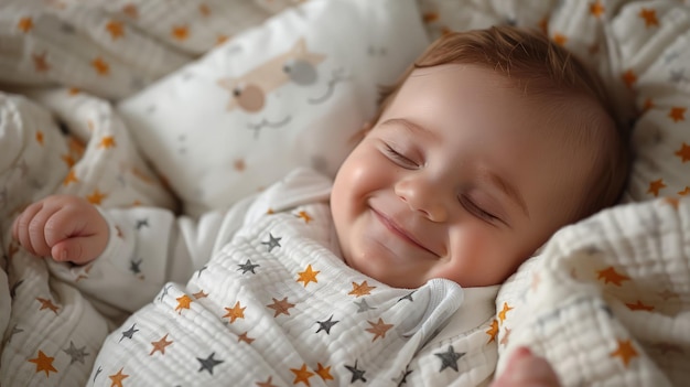 Un bébé souriant se repose dans son lit