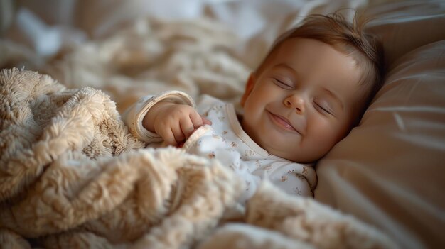 Un bébé souriant se repose sur le lit