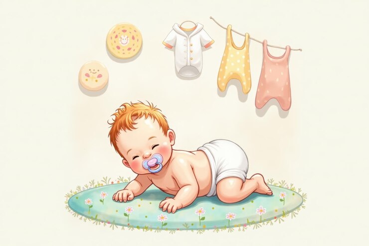 Photo un bébé souriant avec une sucette est allongé sur un tapis de changement coloré le fond montre une pépinière lumineuse avec des vêtements de bébé et des décorations joyeuses sur les murs