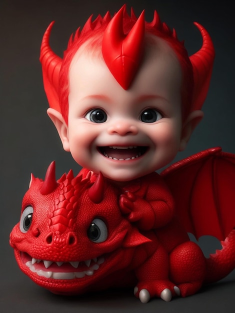 Bébé sourire mignon avec mini dragon rouge