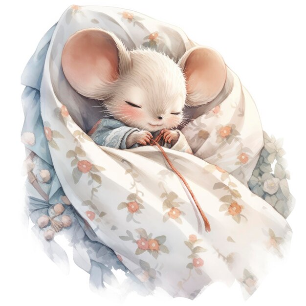 Un bébé souris endormi dans une illustration à l'aquarelle de lit