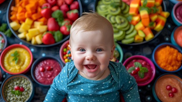 Un bébé sourit devant des bols de fruits et légumes.