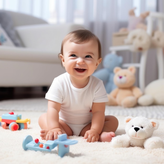 un bébé sourit et est assis sur un tapis avec des jouets