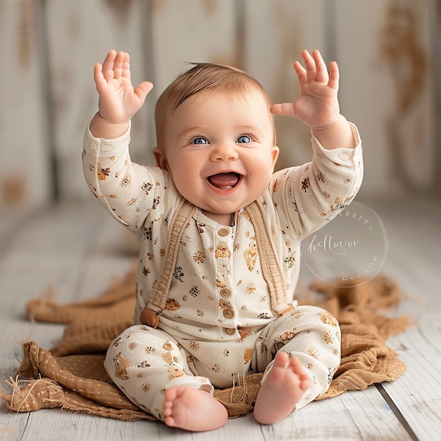 Photo un bébé sourit et est assis sur un tapis avec ses mains en l'air