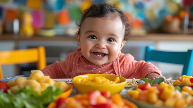 Bébé sourit en mangeant des bols de légumes