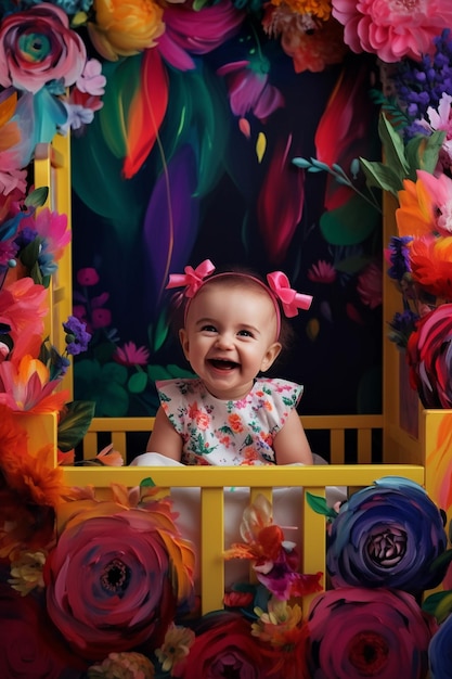 Un bébé sourit et se trouve dans une clôture jaune avec des fleurs dessus.