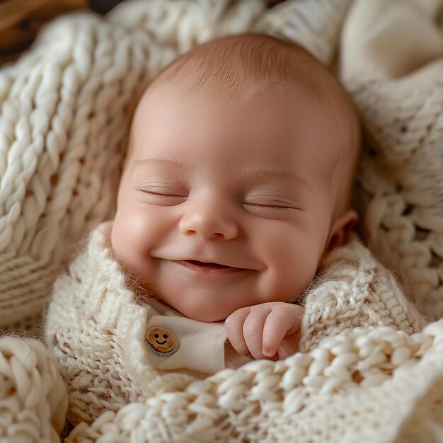un bébé sourit et sourit dans un panier