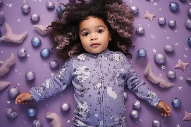 Photo bébé sucré dans une blouse florale sur fond de lavande