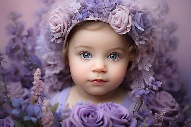 Photo bébé sucré dans une blouse florale sur fond de lavande