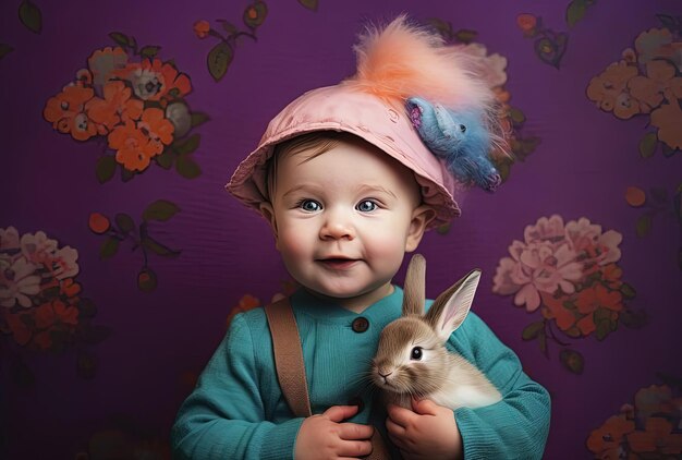 un bébé tient un chapeau de lapin devant un mur coloré dans le style joyeux et optimiste