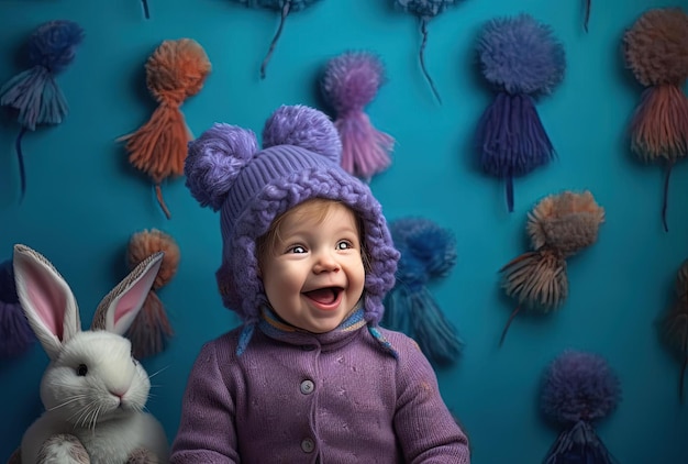 un bébé tient un chapeau de lapin devant un mur coloré dans le style joyeux et optimiste