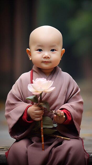 Photo un bébé tient une fleur et une fleur dans sa main