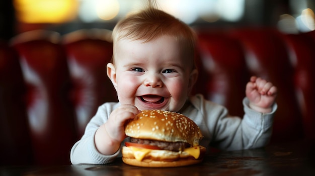 Un bébé tient un grand hamburger et sourit.