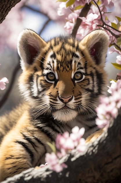 un bébé tigre sur un arbre en fleurs au printemps Ai