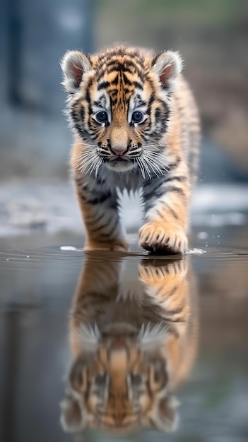 Bébé tigre se promène dans la flaque d'eau