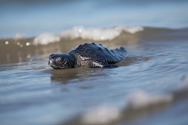 Bébé tortue en équilibre sur flipper et se dirige vers l'océan créé avec générative ai