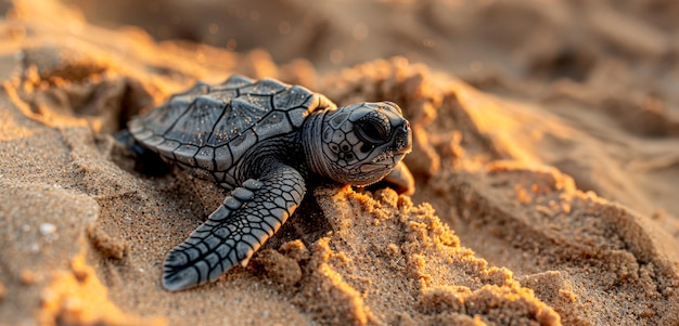 Un bébé tortue de mer se dirige vers l'océan au lever du soleil.