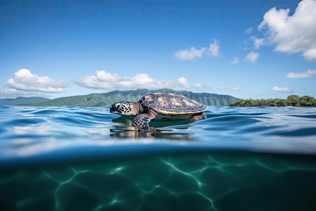 Bébé tortue nageant dans l'océan en direction d'un horizon lumineux créé avec une IA générative