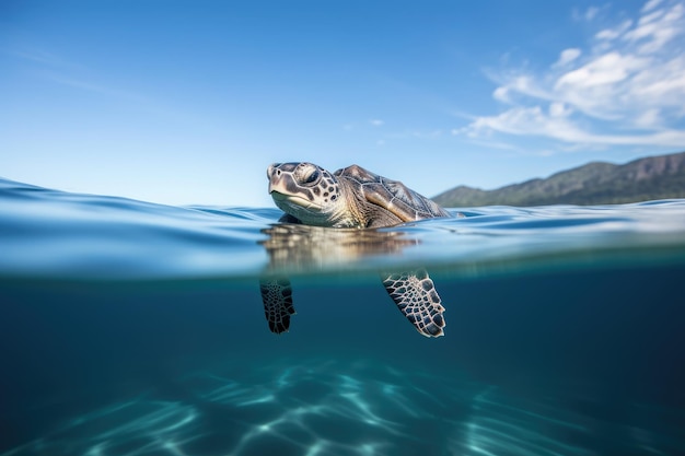 Bébé tortue nageant dans l'océan en direction d'un horizon lumineux créé avec une IA générative