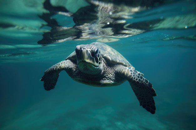 Bébé tortue nageant dans les profondeurs de l'océan au ralenti créé avec une IA générative