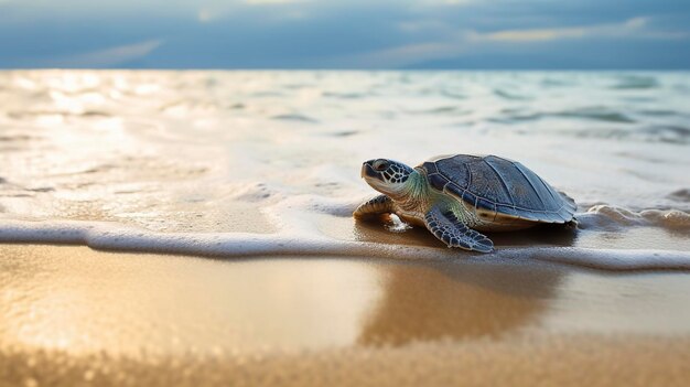 Un bébé tortue nouvellement éclos marche maladroitement le long de la plage générée par Ai