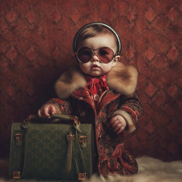 Un bébé avec une valise gucci verte