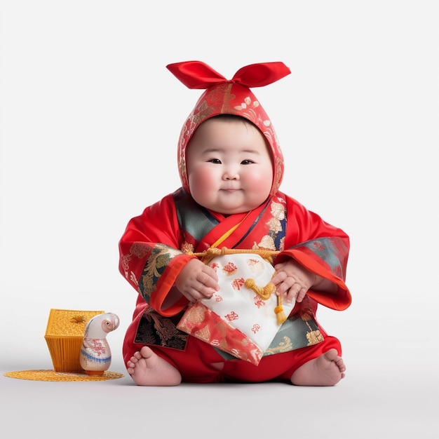 Un bébé vêtu d'un kimono tient une boîte de fromage et une boîte de fromage.