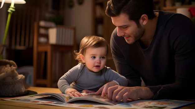 bébé avec les yeux larges regardant un livre de contes avec un parent