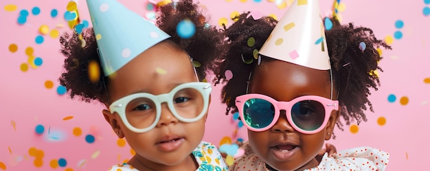 Bébés afro-américaines avec un chapeau de fête et des lunettes de soleil sur fond rose avec des confettis