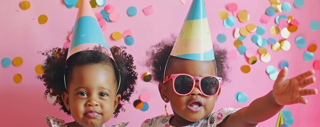 Bébés afro-américaines avec un chapeau de fête et des lunettes de soleil sur fond rose avec des confettis