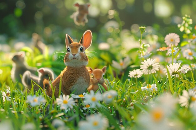 Des bébés animaux adorables qui jouent dans une prairie.