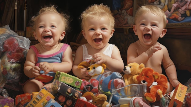 Photo les bébés joyeux parmi les jouets s'amusent et crient