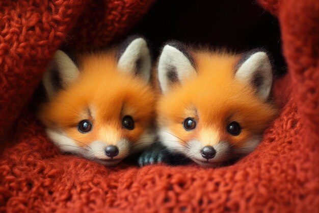 Des bébés renards mignons qui regardent de leur poche de laine.