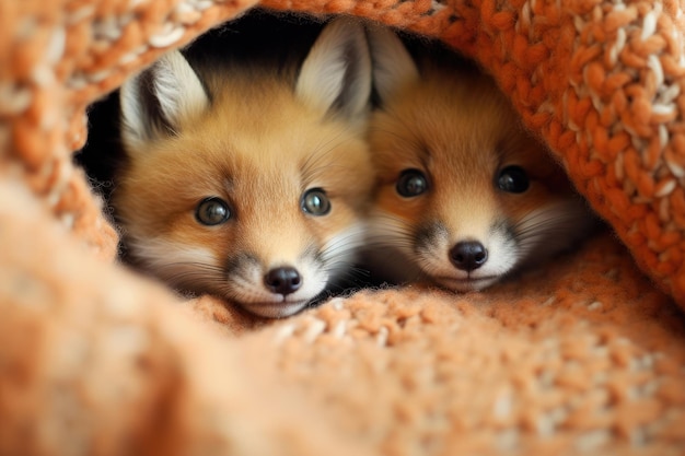 Des bébés renards mignons qui regardent de leur poche de laine.