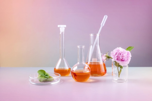 Béchers de laboratoire fleur de rose et feuilles de menthe dans une boîte de Pétri sur fond dégradé