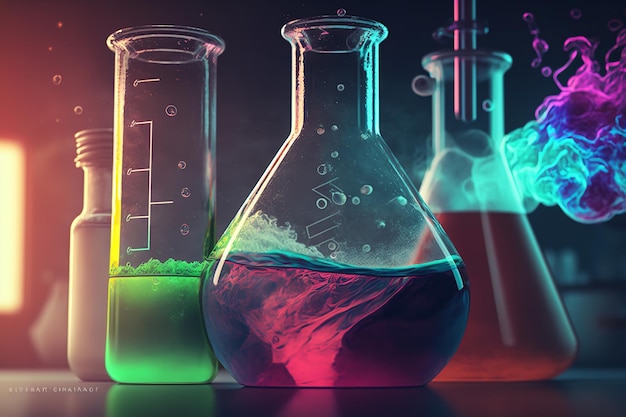 Béchers remplis de chimie Béchers contenant des produits chimiques colorés Generative Ai