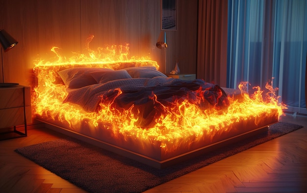 Photo a bed with flames and a picture of a fire in the bed
