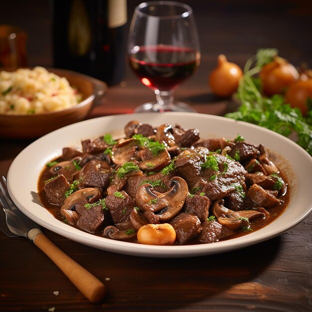 Photo beef bourguignon servi dans une casserole en fonte et des plats avec un côté de pain croustillant généré par ai