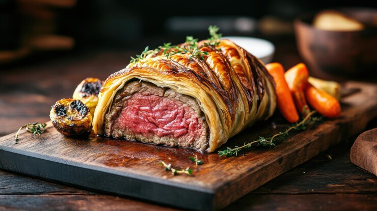 Photo beef wellington magnifiquement plaqué avec un côté de légumes rôtis sur une table rustique