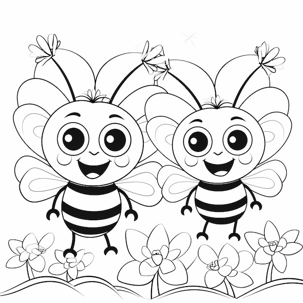 Photo beehive adventures art de ligne simple en noir et blanc à colorier avec des abeilles de dessins animés