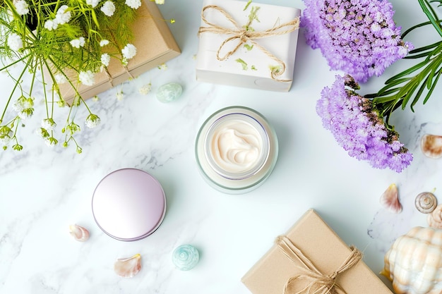 beige et blanc flacon de cosmétiques naturels et jarres de crème boîtes cadeaux fleurs sur fond blanc