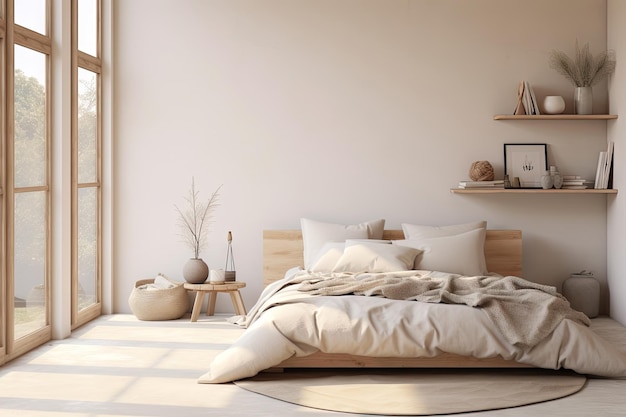 Beige confortable de la conception intérieure moderne de la chambre à coucher décorer avec un grand vase de lit de luxe Generative Ai