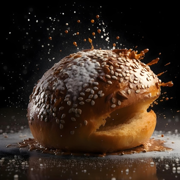 Beignet au chocolat avec éclaboussures et gouttes de chocolat sur fond sombre