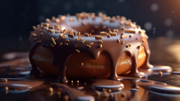 Un beignet au chocolat avec glaçage au chocolat et pépites