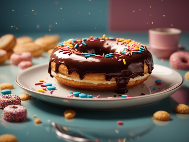 Beignet au chocolat et pépites sur une assiette