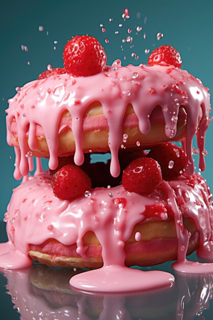 Photo un beignet avec du glaçage rose et des framboises .