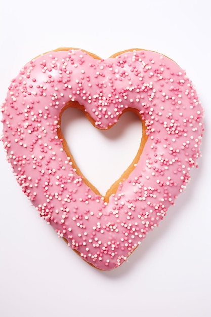 un beignet en forme de coeur avec un glaçage rose et des pépites.