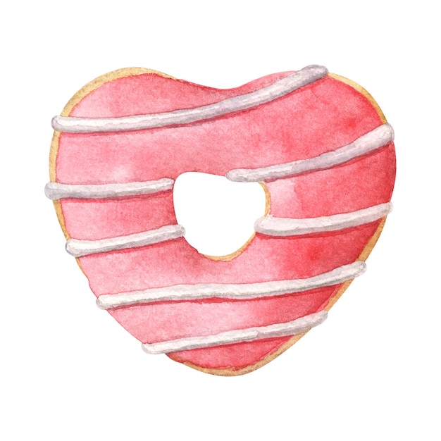 Beignet en forme de coeur avec glaçage rouge. Illustration aquarelle dessinée à la main isolée sur blanc